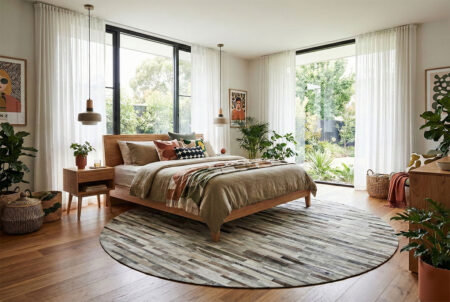 274-Marimekko-style-bedroom-with-round-gray-striped-patchwork-cowhide-rug A bright, modern bedroom interior featuring a large round cowhide rug with a vertical striped patchwork pattern in shades of grey, white, and brown. The room centers on a wooden king-sized bed with layered earth-tone bedding in olive and rust. The space includes wooden nightstands, hanging pendant lights, large potted plants, and floor-to-ceiling black-framed windows with sheer white curtains opening onto a sunny, green garden.