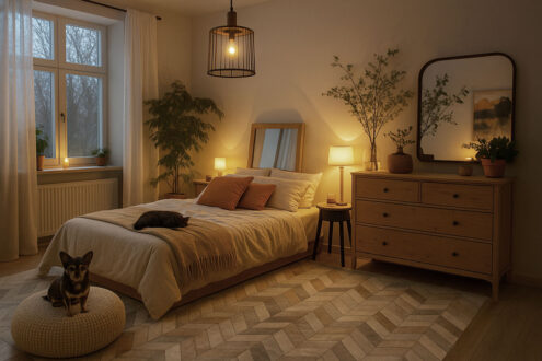 Gray Chevron Cowhide Rug by Shine Rugs Gray Chevron Cowhide Rug in soft, romantic bedroom