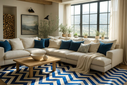 280 Blue and white Chevron cowhide rug in italian villa living room Blue and white Chevron cowhide rug in italian villa living room