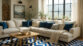 Blue and white Chevron cowhide rug in italian villa living room