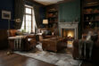Moody Ralph Lauren Home style living room with cigar leather armchairs and a taupe envelope patchwork cowhide rug