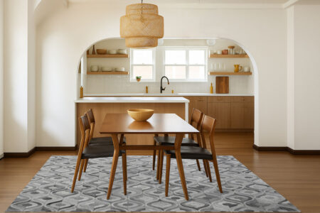 298 Gray and white patchwork cowhide rug in retro design in dining room Gray and white patchwork cowhide rug in retro design in dining room