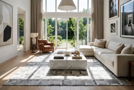 Modern-luxury-living-room-with-cube-gray-patchwork-cowhide-rug-and-garden Luxurious, open-plan modern living room featuring a large gray cube patchwork cowhide rug, a white linen sofa, and a styled marble coffee table, illuminated by bright natural sunlight from floor-to-ceiling windows.