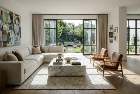 white-diamond-cowhide-rug-in-modern-living-room-abstract-art A bright, modern living room featuring the geometric White Diamond Cowhide Area Rug placed under a heavy marble coffee table and a cream sectional sofa, with floor-to-ceiling glass doors opening to a sunny green garden.