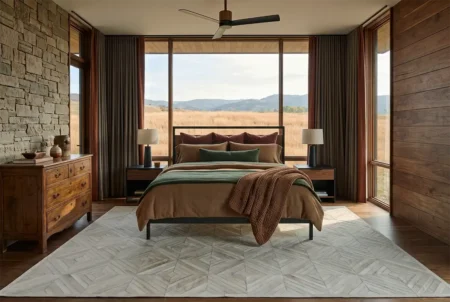 white-diamond-rug-in-western-bedroom White Diamond Cowhide Area Rug with a geometric patchwork pattern on dark wood floors in a modern bedroom setting with a large window view of rolling hills.