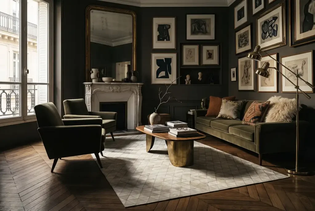 White Kata Cowhide Area Rug with geometric patchwork pattern in a moody Parisian style living room with olive velvet sofas and herringbone floors.