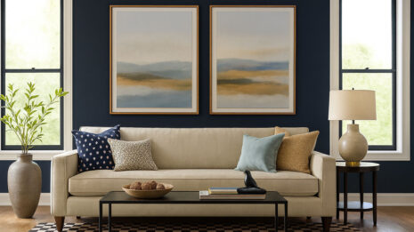 Blue living room with taupe and black cowhide patchwork rug in squares