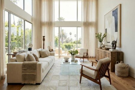 Sun-drenched modern living room featuring a large white patchwork cowhide rug, neutral furniture, and floor-to-ceiling windows with sheer curtains. 306 Sun-drenched modern living room featuring a large white patchwork cowhide rug, neutral furniture, and floor-to-ceiling windows with sheer curtains.