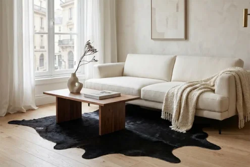 Here are the suggested alt text, title, and caption for the generated image: Alt Text A bright, modern living room featuring an ivory linen sofa draped with a fringed throw blanket, a minimalist wooden coffee table, and a black cowhide rug on a light wood floor. Soft natural light enters through a large window with sheer curtains on the left, showing a blurred classic urban building outside.