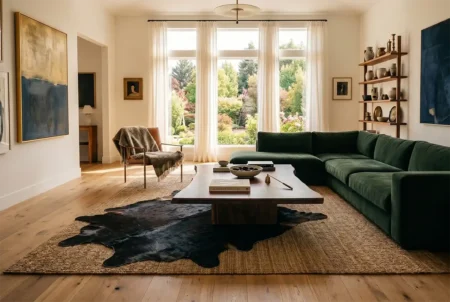 Luxurious Living Room with Off-Center Layered Black Cowhide Rug Asymmetrical black cowhide rug layered over a natural woven rug in a bright, luxurious living room, featuring a plush green velvet sectional sofa, a live-edge wooden coffee table, and large windows facing a sunny garden.
