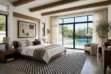 Luminous bedroom featuring a mini squares taupe and black cowhide area rug, exposed beams, luxurious bedding. A pool can be seen outside the windows