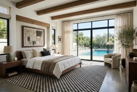 Mini Squares Taupe Patchwork Cowhide Rug in luxury bedroom Luminous bedroom featuring a mini squares taupe and black cowhide area rug, exposed beams, luxurious bedding. A pool can be seen outside the windows