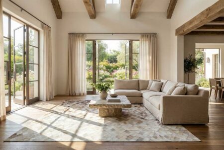 310-Lime-ombre-cowhide-rug-in-contemporary-living-room Hair-on-hide patchwork area rug with diamond geometric design in a bright, open-plan living space with wood floors.