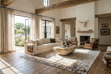 310-Lime-ombre-cowhide-rug-in-modern-western-living-room Diamond patchwork cowhide rug with white to taupe gradient in a luxurious modern western living room with stone coffee table and exposed beams
