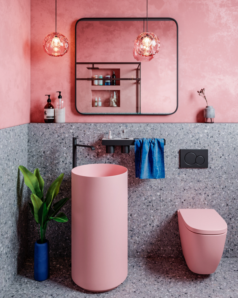 The most interesting modern pink bathroom ever! Seen on Pinterest