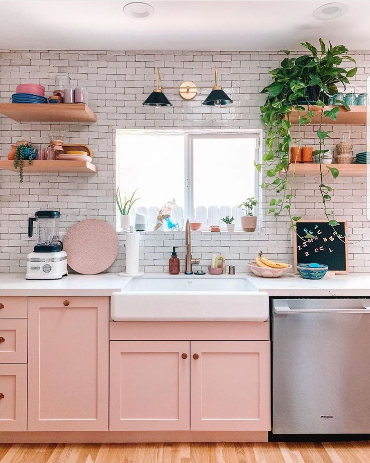 Pink kitchen with handmade subway tile by sazeracstitches.com