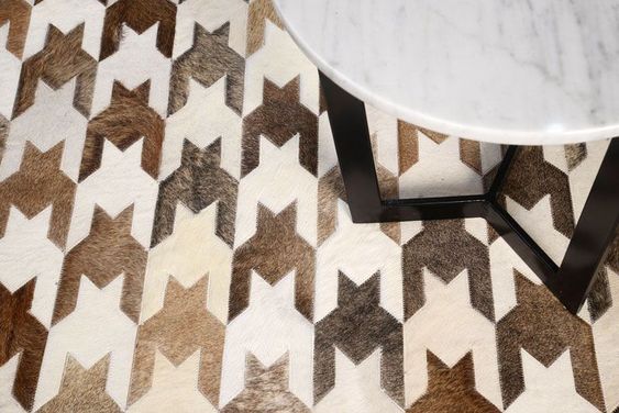 Custom patchwork cowhide rug Houndstooth pattern in taupe, brown and cream