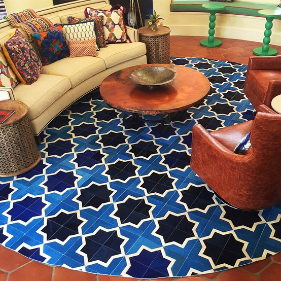 Blue Moorish Star Patchwork cowhide Rug in a modern mexican villa style living room by Hacienda Chic