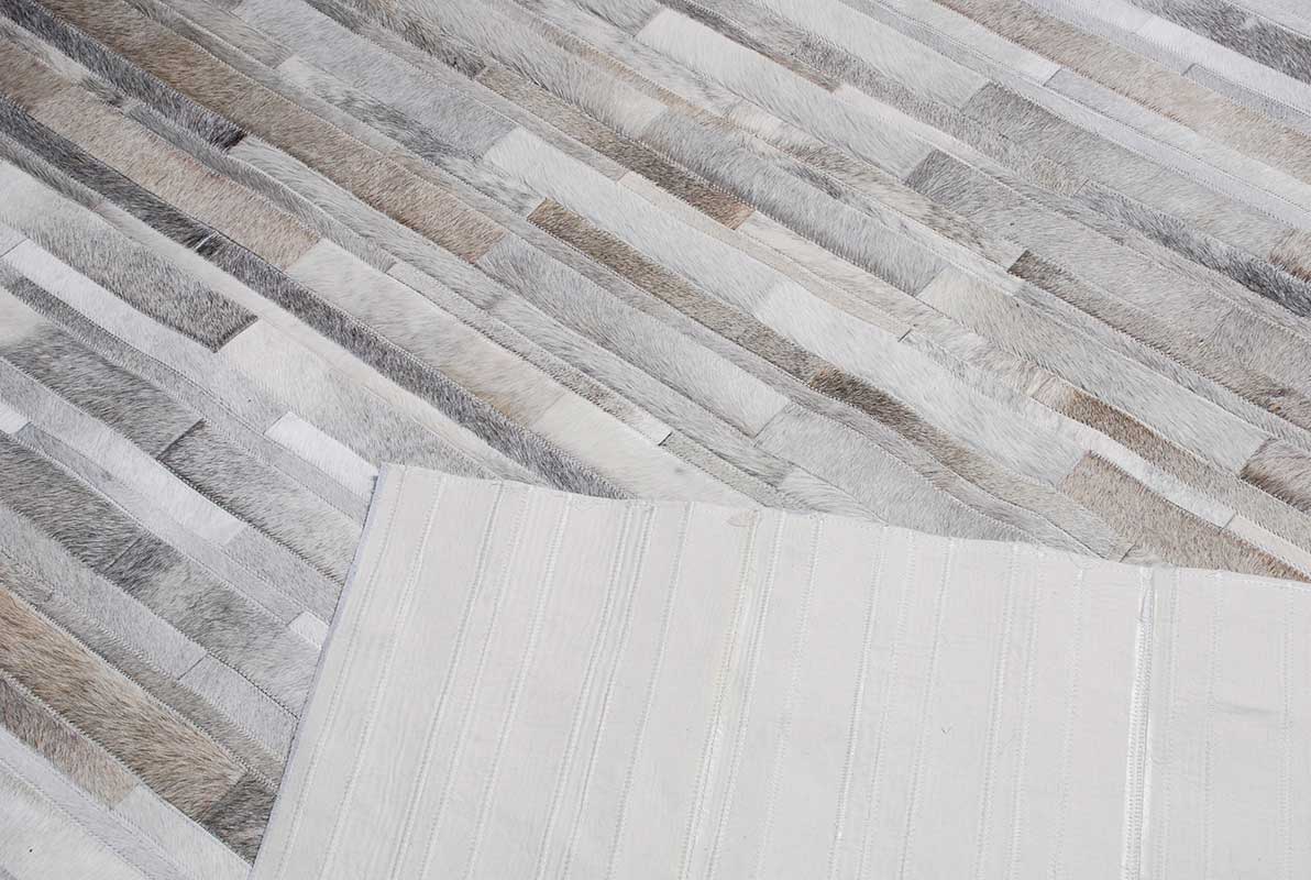 Sot Gray Brindle + Taupe in Stripes Patchwork Cowhide Rug