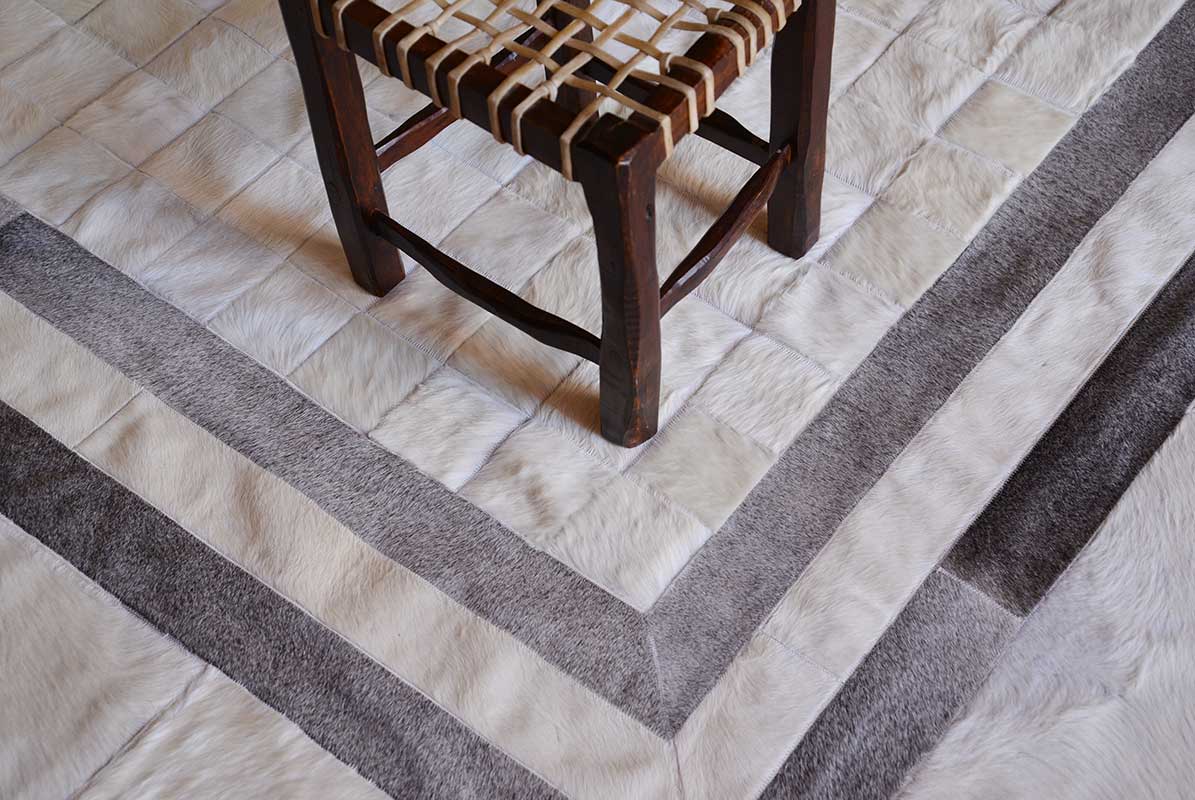 White and Gray Leather Area Rug in Squares and Stripes