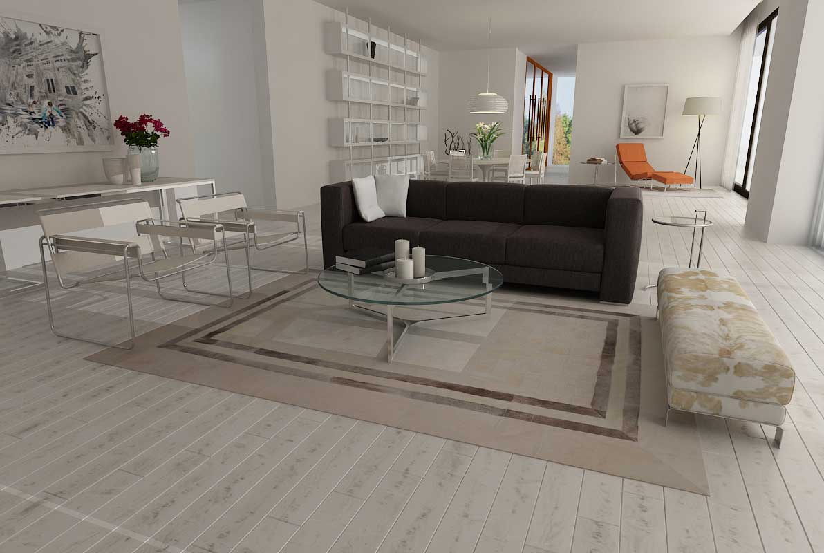 Custom White and Gray Leather Area Rug in Squares and Stripes