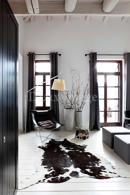Black and white cowhide area rug and Nordic style room