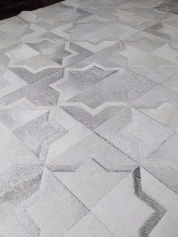 Custom Moorish Star patchwork Cowhide Rug in light gray for Emily's client