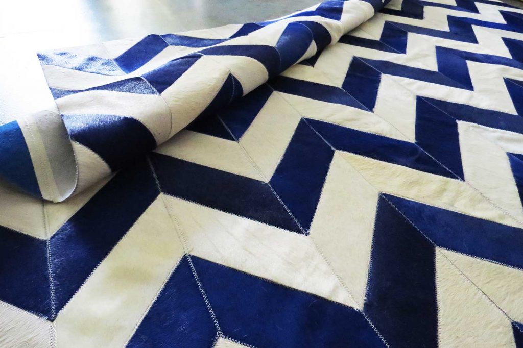 Detail of White and Blue Patchwork Cowhide Rug Chevron Design No. 280