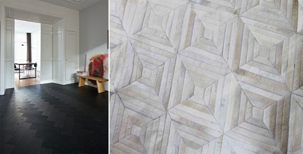Photo of an open layout living room and white diamond patchwork cowhide rug