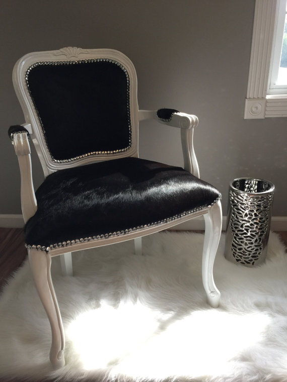 Genuine French Chair, Black Upholstery Cowhide by Tx Girl Custom Cowhide