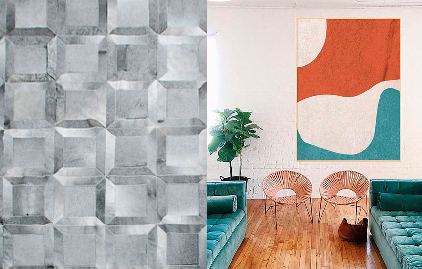 Gray Cube Patchwork Cowhide Rug and teal sofas