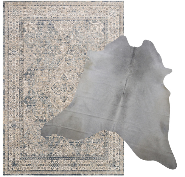 Gray Cowhide Rug combined with a Gray, Beige, Light Blue Kilim Rug