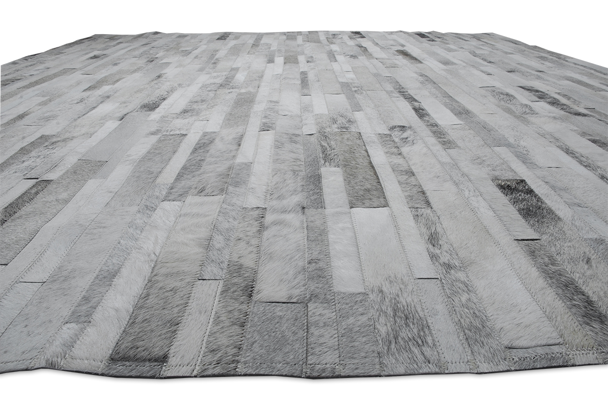 Custom White and Gray Patchwork Cowhide Rug Stripes Design No. 252 made in Brindle Gray 