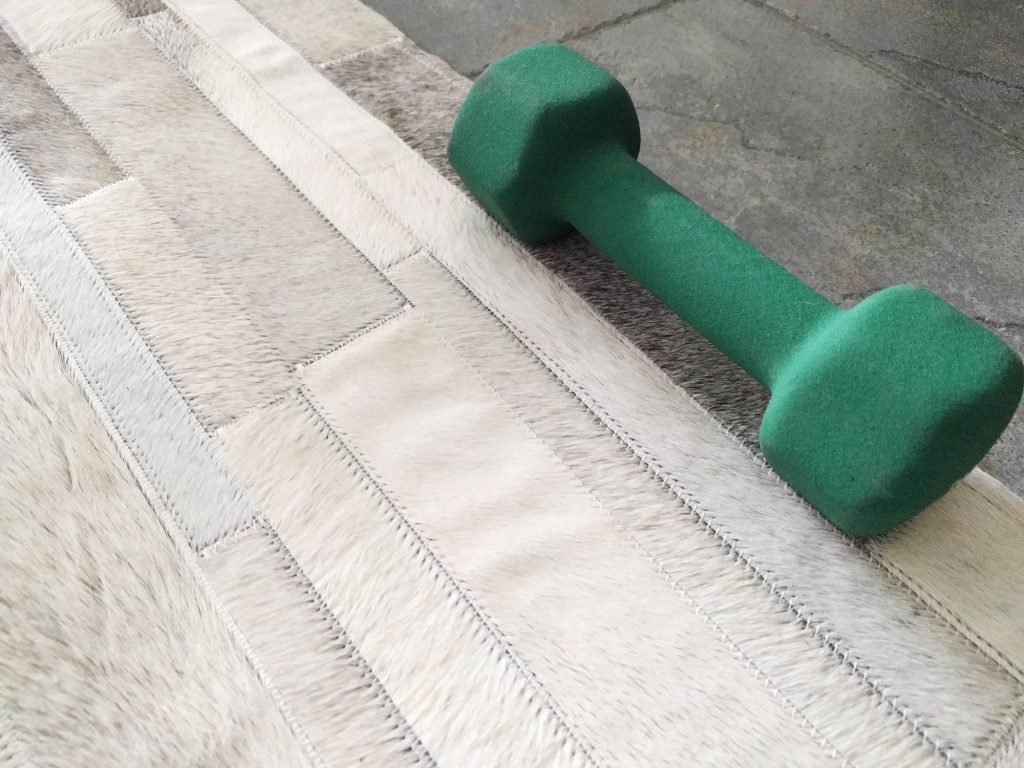 Dumbbell on a white and gray patchwork cowhide rug