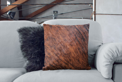 Decorative Brown Brindle Cowhide Pillow and Scandi Style Fur Cushion
