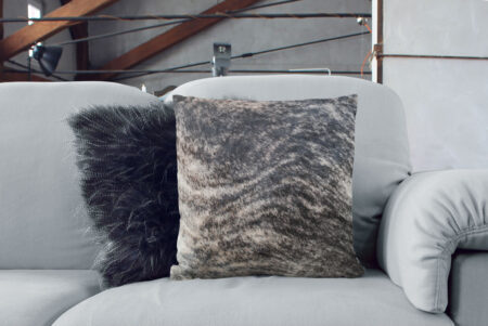 09-brindlefierce-50x50-05 Fierce Dark Brindle Cowhide Pillow and Scandi Fur Cushion