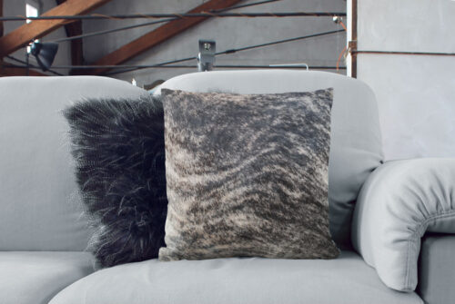 Fierce Dark Brindle Cowhide Pillow and Scandi Fur Cushion