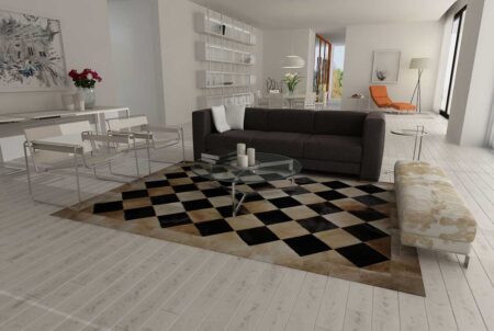 143++++++++++ Beige and black cowhide patchwork rug in Squares with modern and minimal furniture
