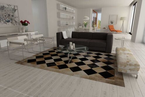 143++++++++++ Beige and black cowhide patchwork rug in Squares with modern and minimal furniture
