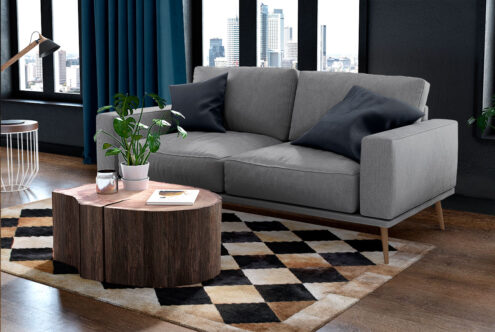 143+++++++++++++ Beige and Black Squares Patch Cowhide Rug in a cozy living room