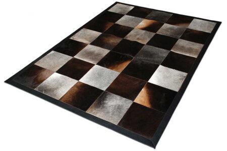 164+ Gray and chocolate brown cowhide patchwork rug in squares with border