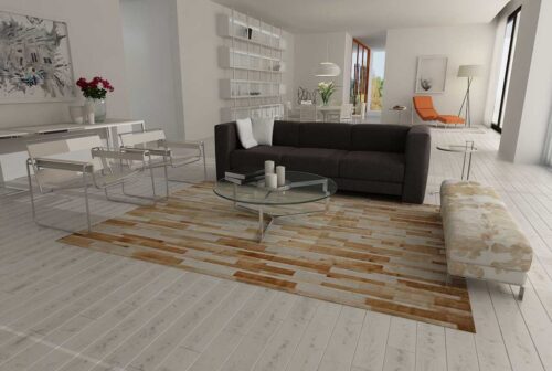 Beige and white leather area rug in minimal living room