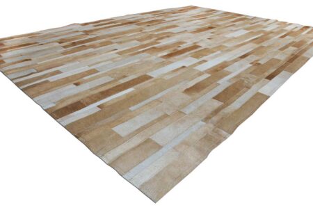 Beige and white leather area rug designed in stripes Beige and white leather area rug designed in stripes