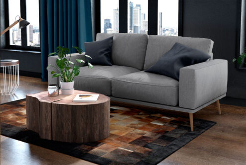 Square tiles brown, beige and black leather area rug in a cozy living room Square tiles brown, beige and black leather area rug in a cozy living room