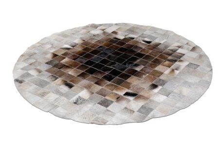 225+ Round Gray and Brown gradient patchwork cowhide rug