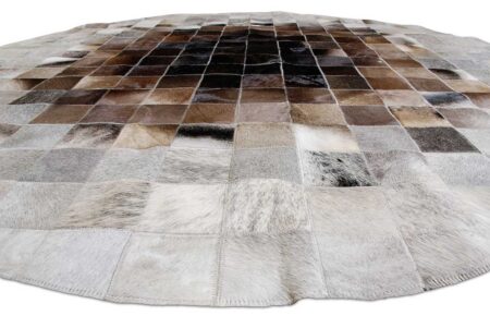 225+++ Floor picture of Round Grey and Brown gradient patchwork cowhide rug