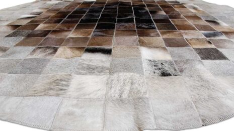 Floor picture of Round Grey and Brown gradient patchwork cowhide rug