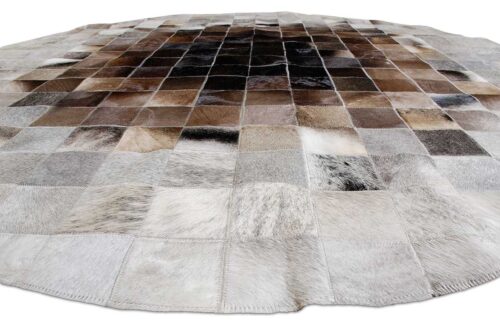 Floor picture of Round Grey and Brown gradient patchwork cowhide rug