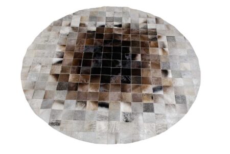 225 Round Gray and Brown gradient patchwork cowhide rug in 4 inches squares
