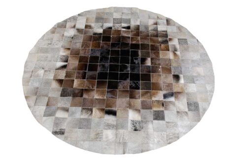 Round Gray and Brown gradient patchwork cowhide rug in 4 inches squares